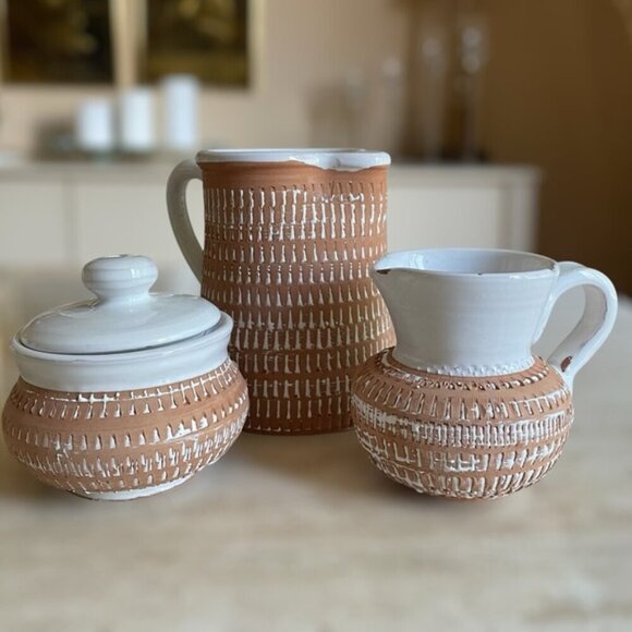 Mid Century Modern Geometric pattern White Glazed pottery set - Picture 1 of 16